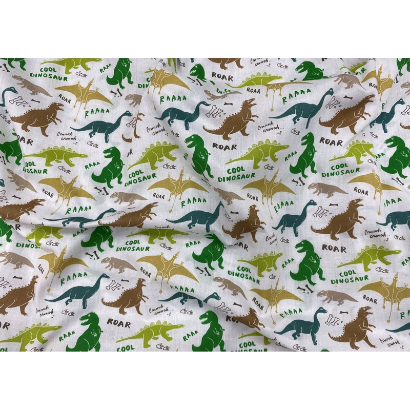 Cool Dinosaur – Novelty Polycotton Print White/Green