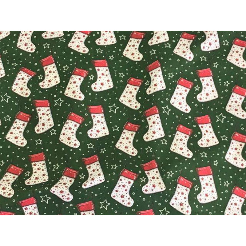 Christmas Stocking & Stars – Poly/Cotton Print Red
