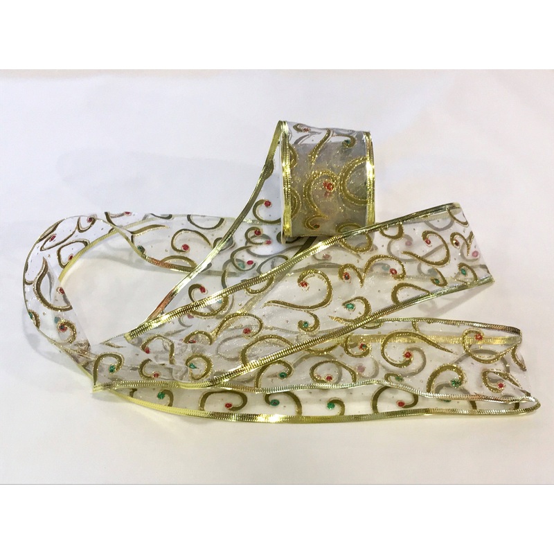 Christmas Wired Edge Ribbon – Gold Swirl White/Gold