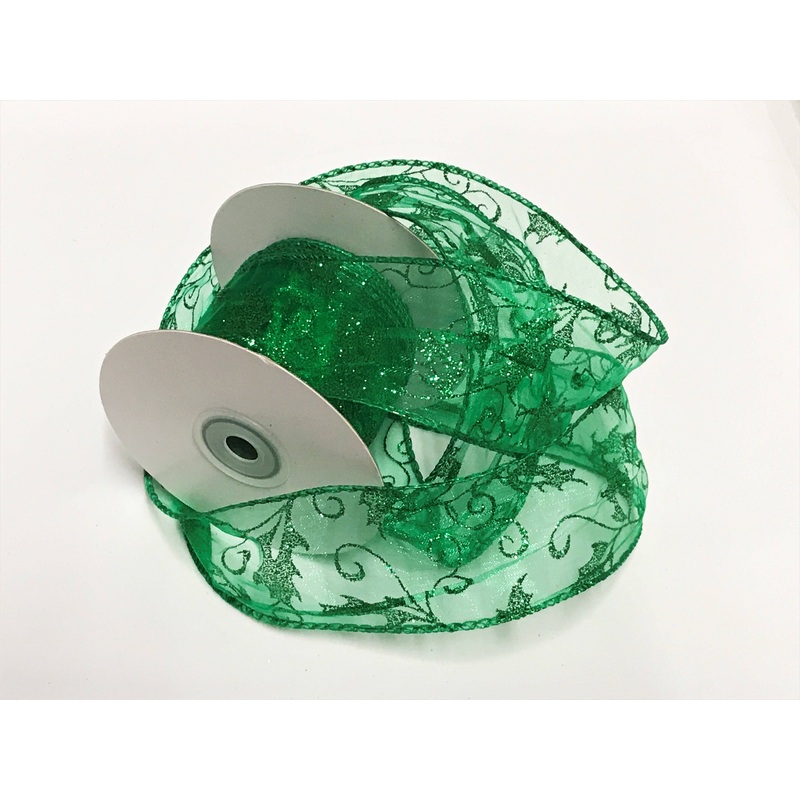 Christmas Wired Edge Ribbon – Green Glitter Holly Green