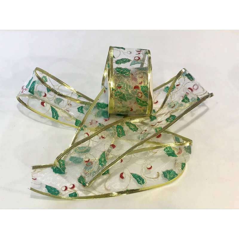 Christmas Wired Edge Ribbon – Green Holly White