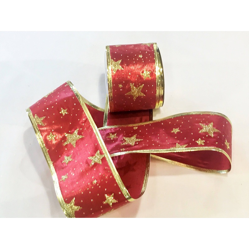 Christmas Wired Edge Ribbon – Red/Gold Star Red