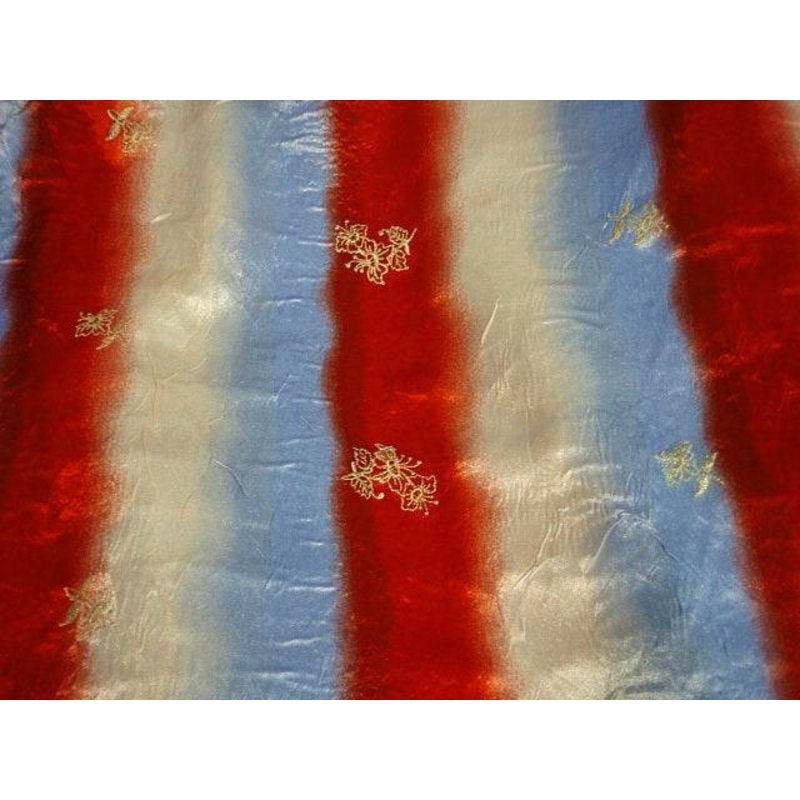 Embroidered Striped Satin – Clearance Fabric Red/Cream/Pale Blue