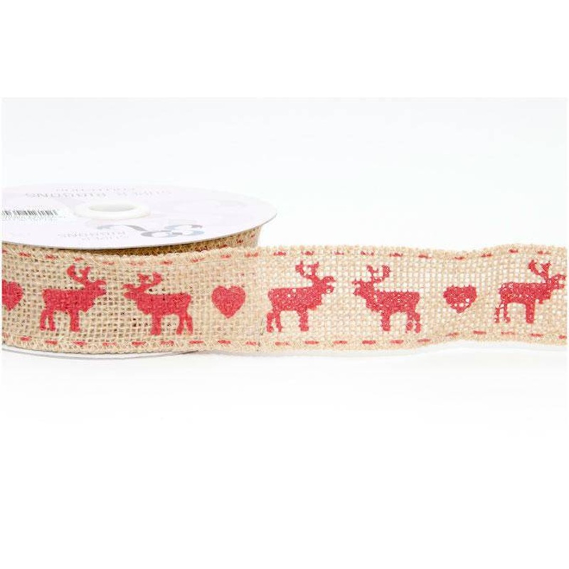 Wired Hessian Christmas Reindeer Ribbon – 2.62 Mtr Last Chance To Buy! Natural