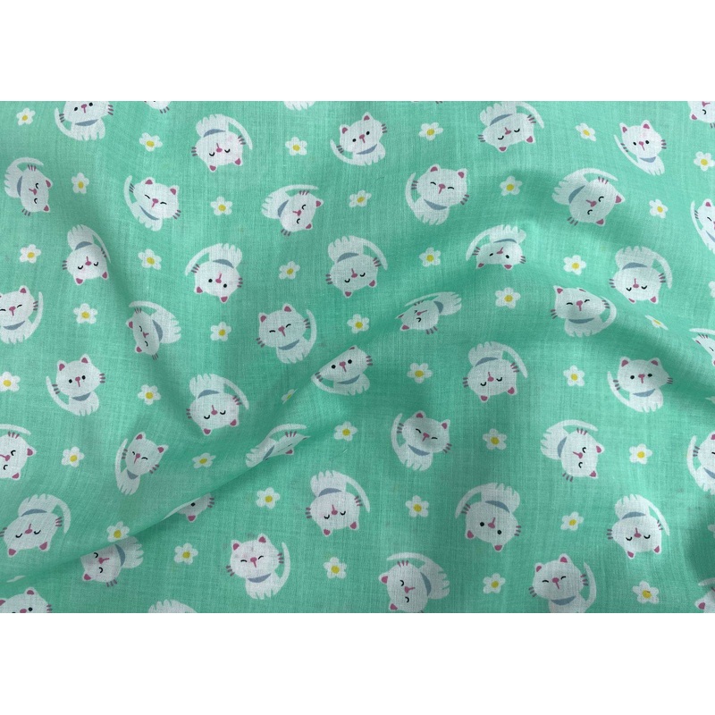 Cute Kittens & Flowers – Poly/Cotton Print Mint