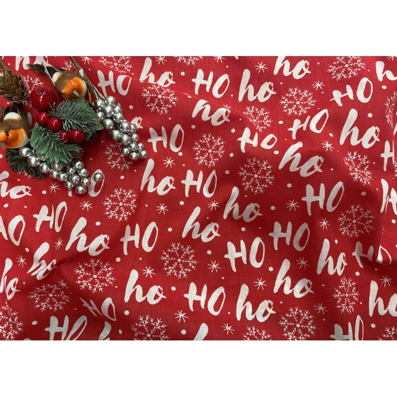 Christmas Ho-Ho Script Snowflake – Poly/Cotton Print Red