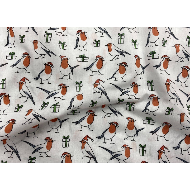 Christmas Robins  – Poly/Cotton Print White