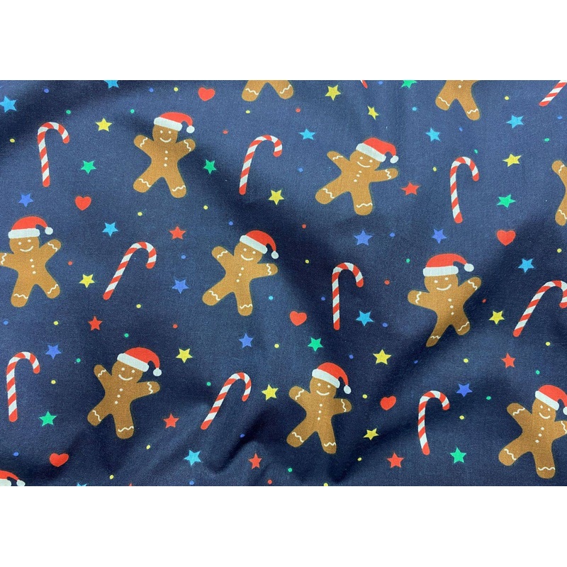 Christmas Starry Gingerbread Man  – Poly/Cotton Print Navy