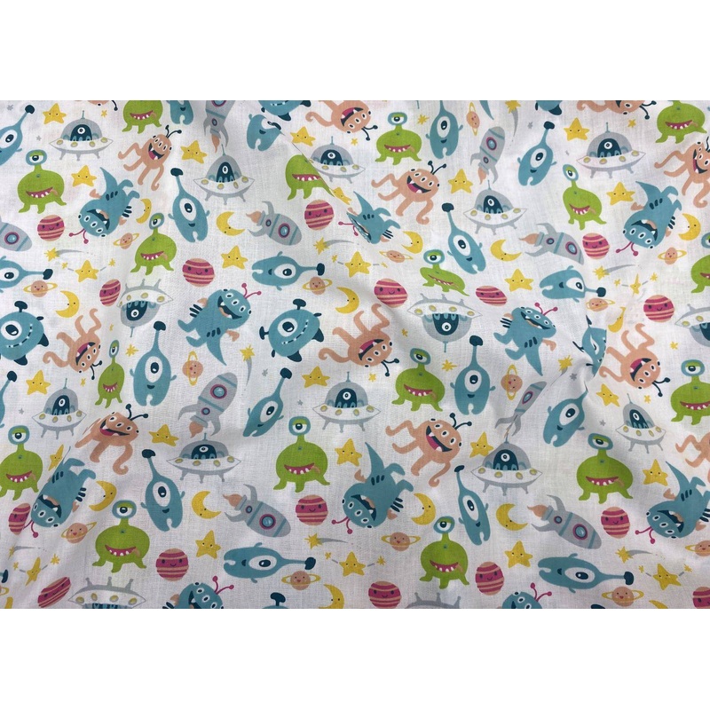 Cute Martians In Space – Novelty Poly/Cotton Print White