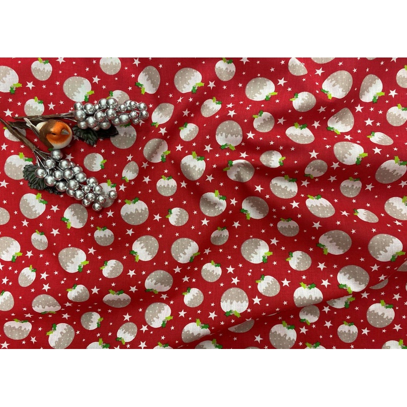 Yummy Christmas Puddings – Poly/Cotton Print Red