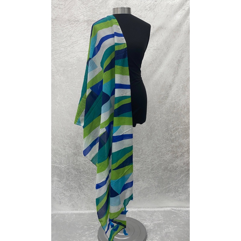 Block Abstract  – Poly Cotton Blend Ethnic Scarf White/Blue/Green