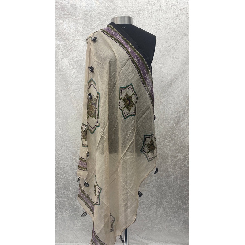 Bordered Cream –  Ethnic Square Scarf Cream