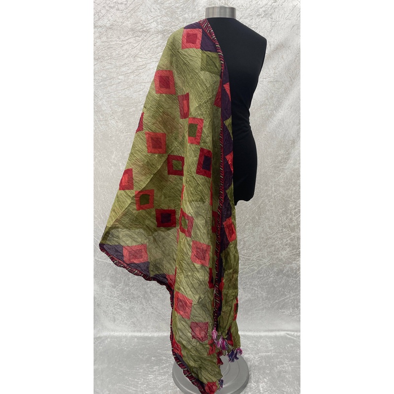 Olive/Red Diamond Print- Starched Cotton Mix Blend Ethnic Scarf Olive