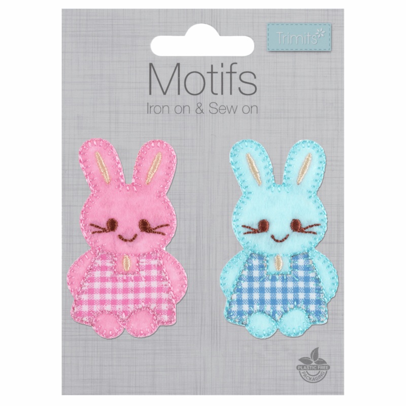 Pink/Blue Gingham Bunnies – Iron -On & Sew-On Patch Gingham Bunnies