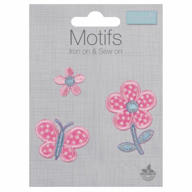 Pink Butterfly & Flowers – Iron -On & Sew-On Patch Pink Butterfly & Flowers