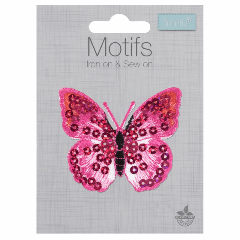 Pink Butterfly Sequinned – Iron -On & Sew-On Patch Pink Sequin B/Fly