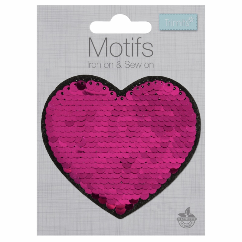 Pink Heart Sequin- Iron -On & Sew-On Patch  (Flip Sequin Motif) Pink Heart