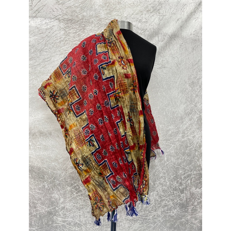 Red/Beige Floral- Starched Cotton Mix Blend Ethnic Scarf Red