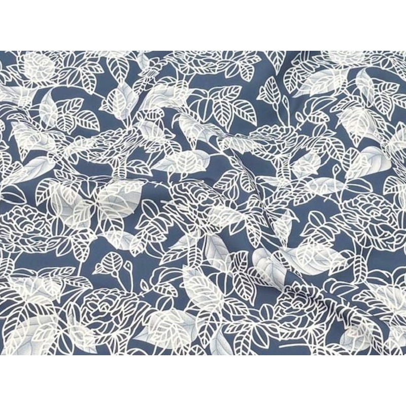 Sketched Leaf – Printed Peachskin Fabric Airforce Blue