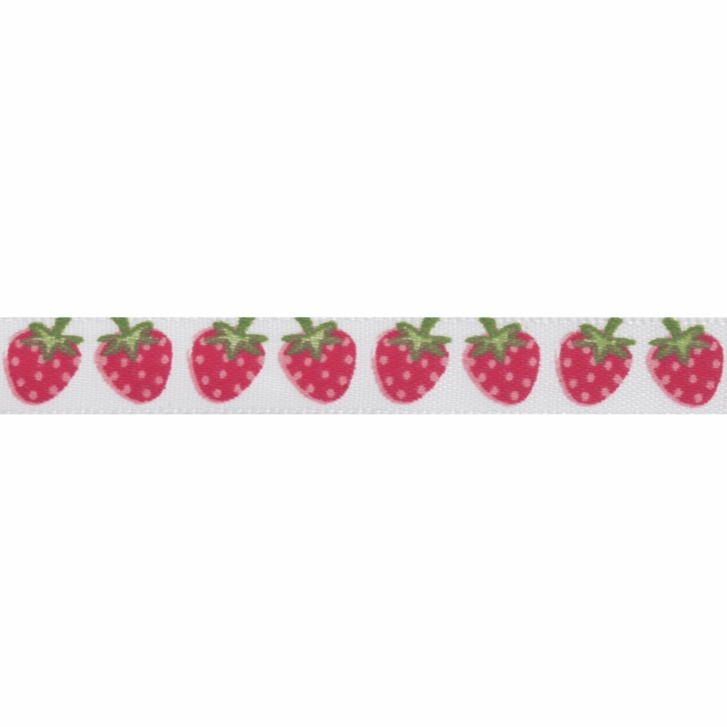 Strawberries Satin Ribbon Reel – 5m x 10mm White