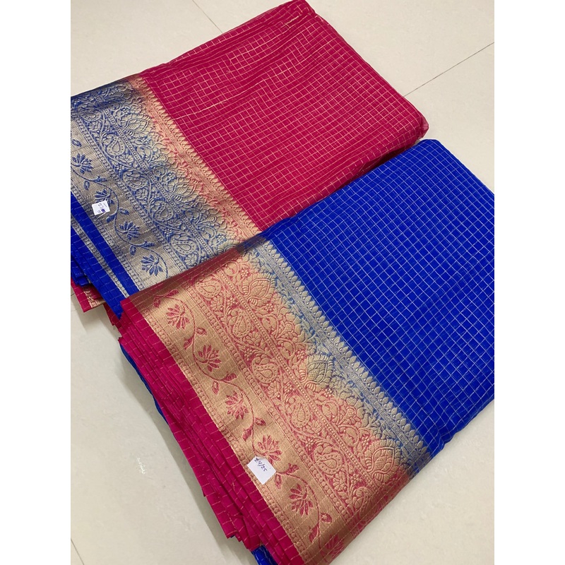 Zari checks organza fabric Blue