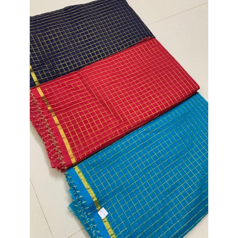 Zari checks organza fabric Navy blue