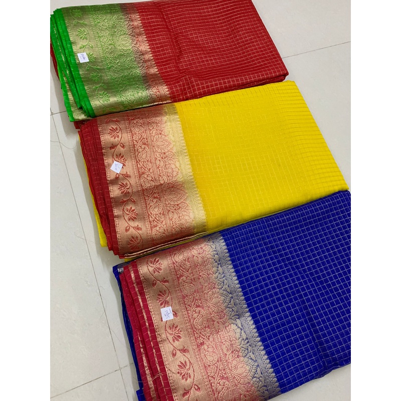 Zari checks organza fabric Red