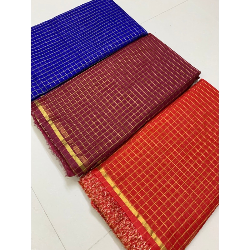 Zari checks organza fabric royal blue