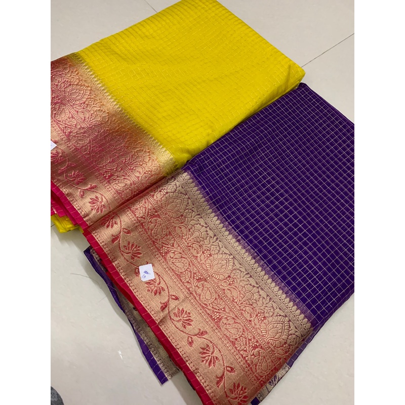 Zari checks organza fabric Yellow